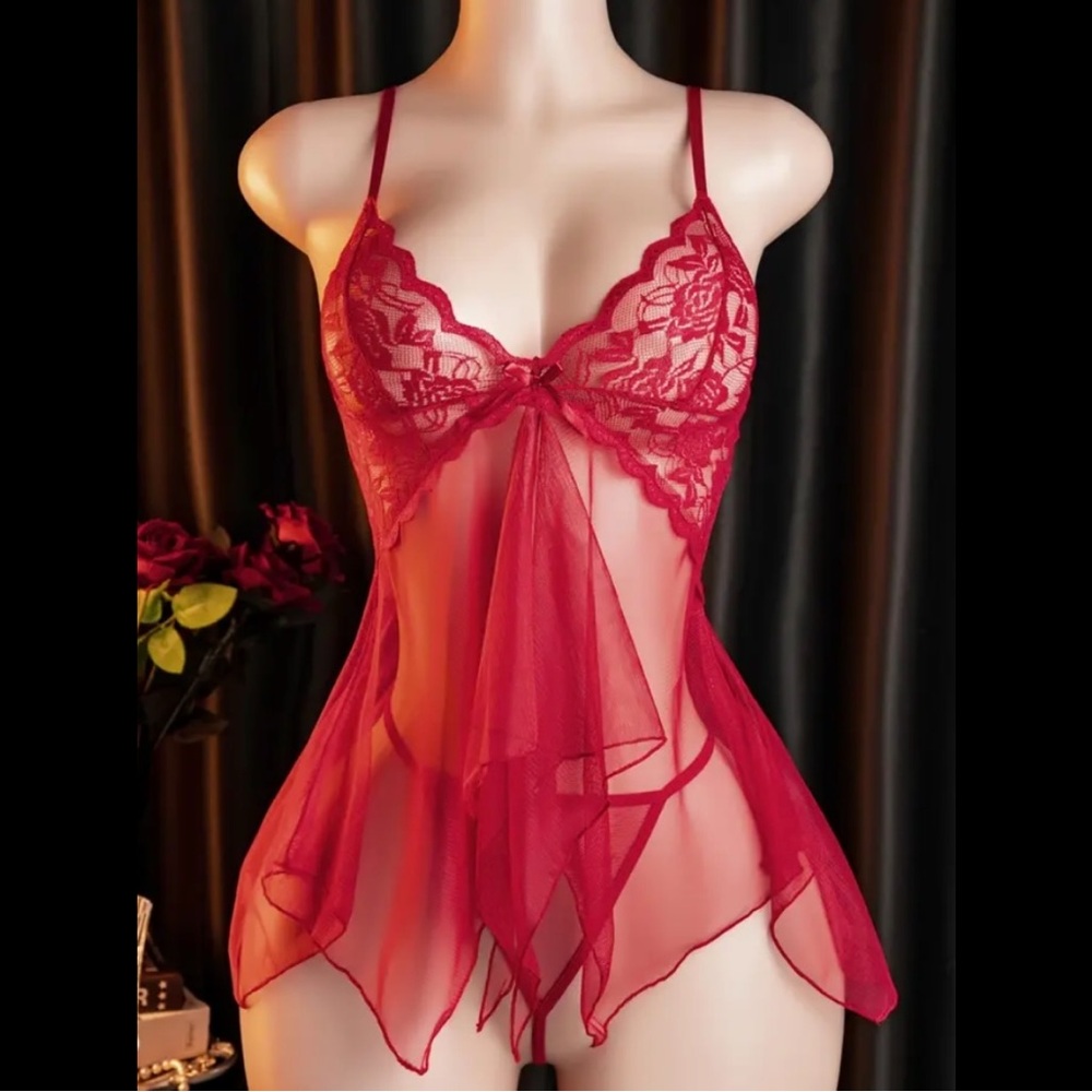 Red, Sheer, Draped, Lace, Lingerie Set